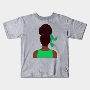 High Afro Puff Ponytail with Green Outfit (Light Gray Background) Kids T-Shirt